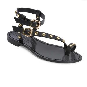Bay of Angels Roma Black Studded T-Strap Sandals with Gold Accents